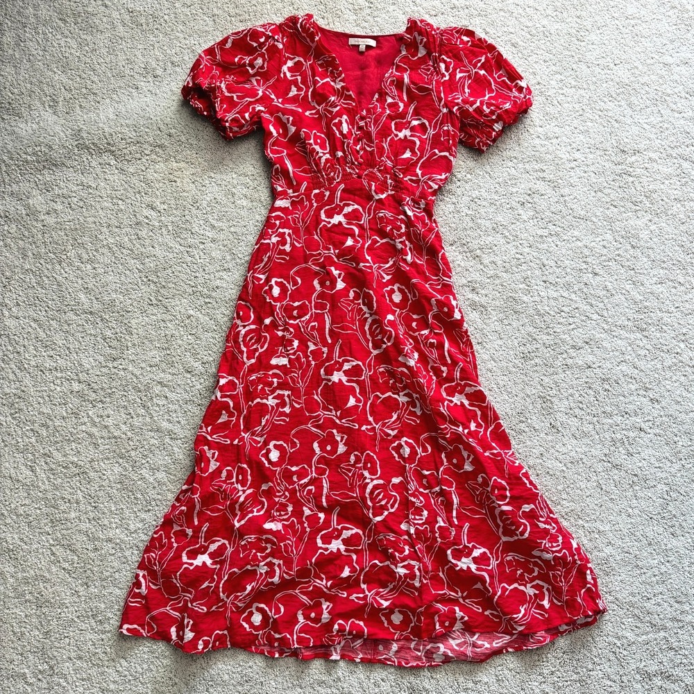 Skies Are Blue Dress Women XS Puff Sleeve V-Neck Midi Red Floral‎ Spring Wedding